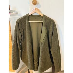 Nike Sherpa Fleece Wrap Jacket Olive Green Cozy Open Front Cardigan Large ✨